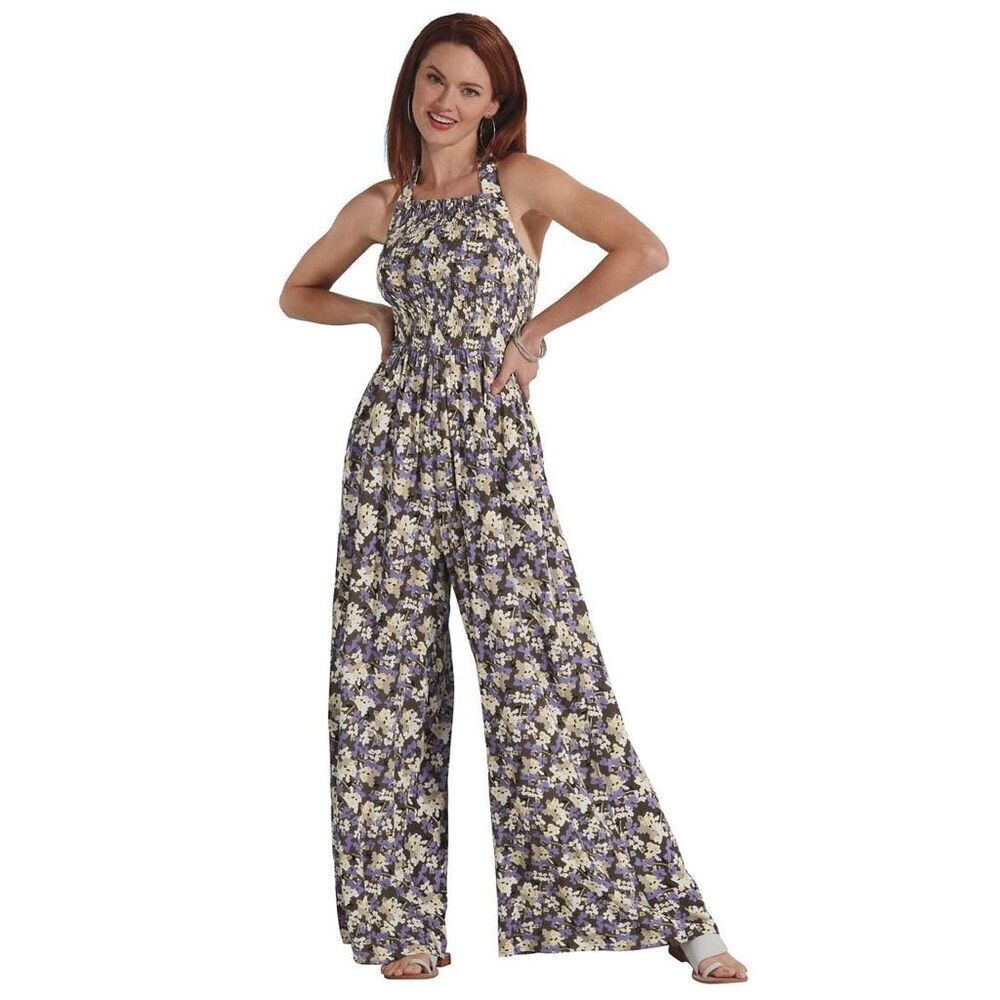 K. Jordan Lavender Floral Halter Strap Smocked Wide leg Jumpsuit Sz1X Soft Girl